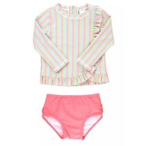 RuffleButts Long Sleeve Rashguard 2 Piece Swimsuit Rainbow Seersucker Size 3T